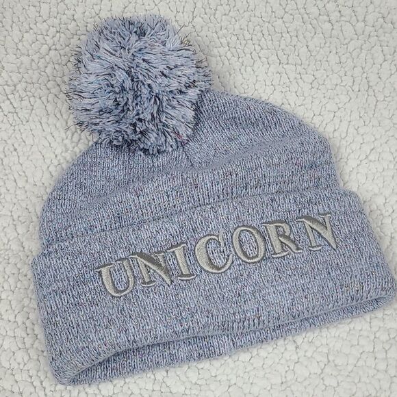 UNICORN Embroidered Light Blue Fuzzy Pom Pom Beanie Knit Winter Hat One Size NEW - Picture 1 of 8